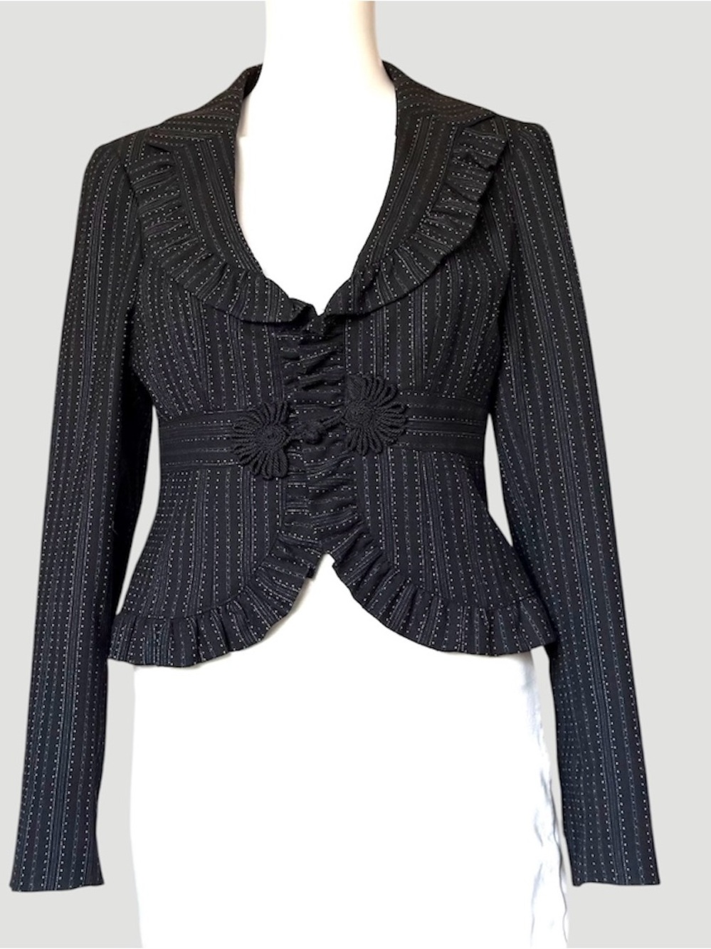 Nanette Lepore Vintage Women’s Black Pinstripe Lined Jacket Sz 4 Ruffle Trim